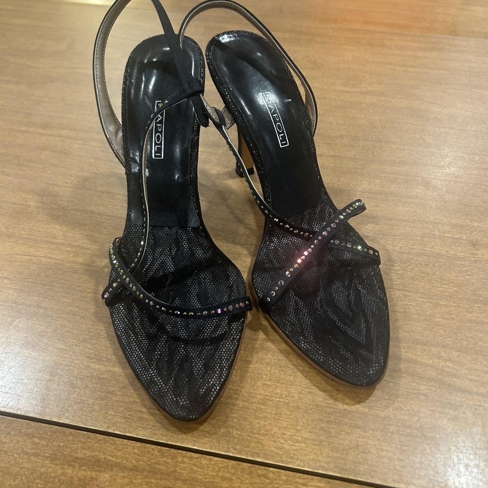 Napoli Shoes Womens Size 7.5 Black Rhinestone Slingback Open Toe Stiletto Heel